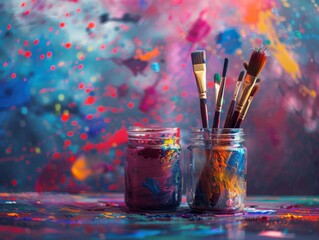 Colorful artistic paintbrushes in jars on vibrant abstract background, creative art supplies