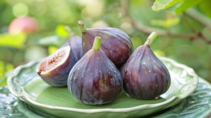 Ripe purple figs on a green plate.