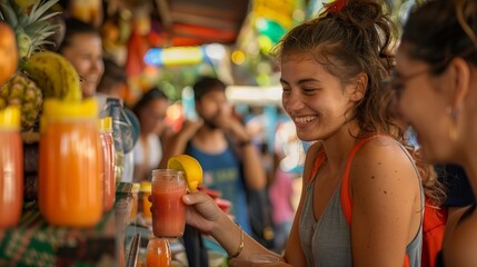 Fototapeta premium Tourists are at a busy food market, buying fruit juice from a stall. They're smiling, enjoying their vacation.