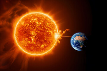 Obraz premium Dramatic Solar Flare Reaching Toward Earth: A Close Encounter Illustration