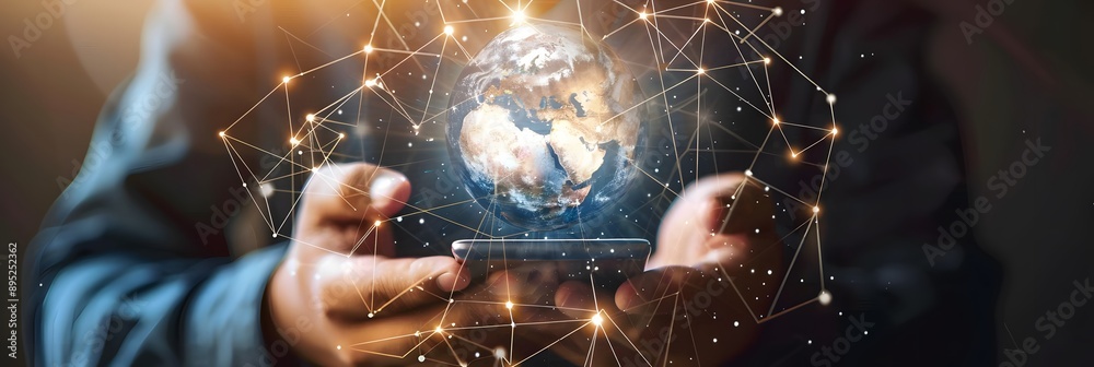 Wall mural man using mobile smart phone with global network connection, technology, innovative and communicatio