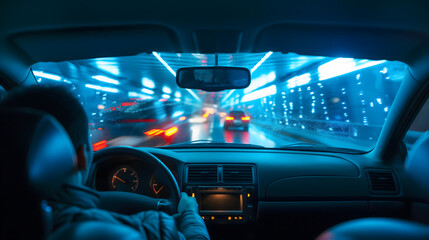 The driver's perspective during a high-speed nighttime drive through neon-lit city streets, capturing the excitement and blur of urban nightlife with vibrant lights and fast-paced movement.