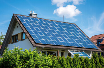 Fototapeta premium Ecofriendly house with solar panels and greenery. Housing of the future concept