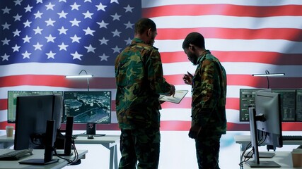 US soldiers in a high tech command center protecting classified information, ensuring cybersecurity and defending against cyber attacks. Army base of operations with trained officers. Camera A.