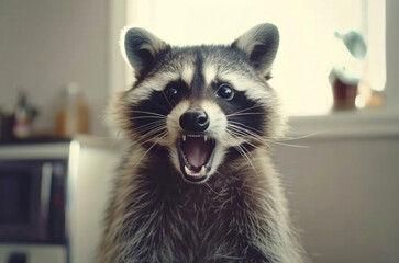 Portrait of a screaming raccoon close-up with depth of field. Movie character.