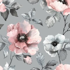Watercolor illustration with leaves and flowers. Seamless pattern.