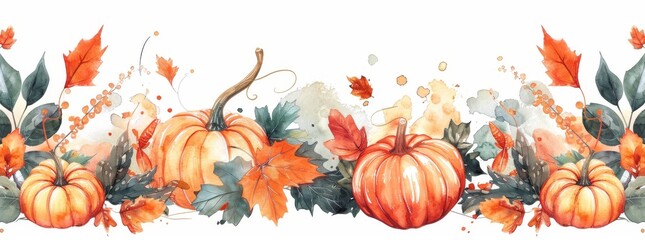 An autumnal seamless pattern with pumpkins and yellow leaves in watercolor.