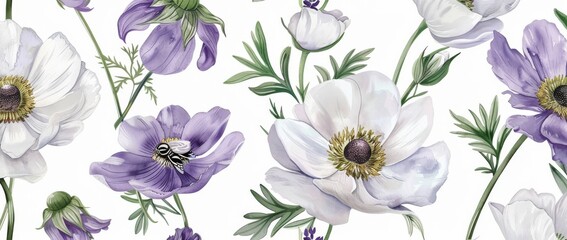 Fototapeta premium A beautiful watercolor floral horizontal seamless pattern with anemones, lavender flowers, and dragonflies. Stock image.