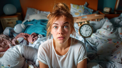 Obraz premium A young woman in a messy bedroom, glancing at her alarm clock with a horrified expression as she realizes she overslept