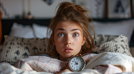 A young woman sitting up in bed, her alarm clock showing a late time, with a look of disbelief and panic on her face