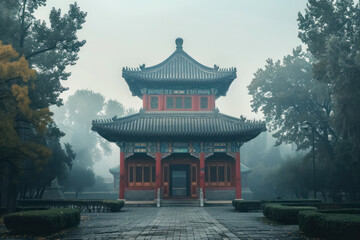 Naklejka premium Serene Traditional Chinese Pavilion in Misty Park Setting