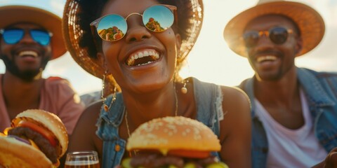 A group of friends enjoying burgers together, great for food, social gatherings or casual meals