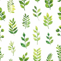 This watercolor seamless pattern features green summer leaves, branches on a delicate floral background. The design is a hand drawn botanical print with leaf and plant elements.