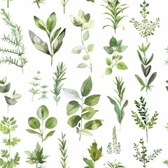 Watercolor farmhouse herbs seamless repeating pattern, minimal pattern, high contrasty 