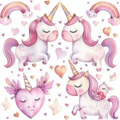 Cute cartoon pony seamless pattern with watercolor unicorns.