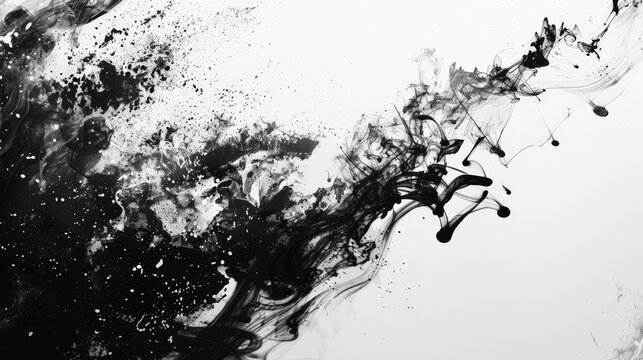 Abstract black ink splatter on white background.