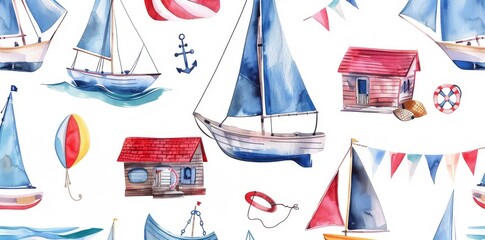 Hand drawn seamless watercolor nautical pattern with vessels, ships, sailboats, anchors, wheels, lifebuoys, coastal houses, garlands of flags. Isolated white background with nautical boats.
