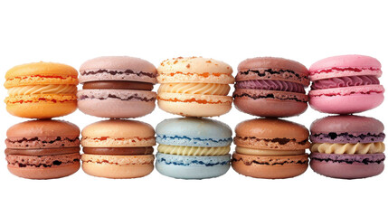 Fototapeta premium Ten Colorful Macarons Arranged in a Row on a White Background