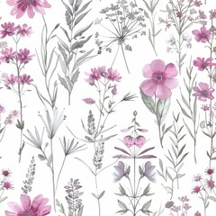 Beautiful watercolor background with wild flowers. This seamless pattern will also work well for fabrics, textiles, and nursery wallpapers.