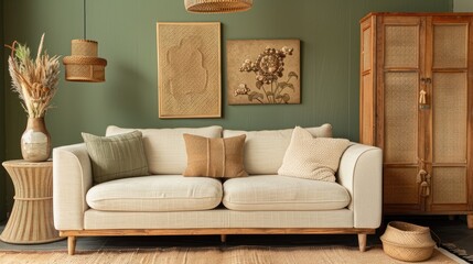 Living room decor: modern sofa, designer pillows, side table, rattan cabinet, personal accessories. Sage green wall.