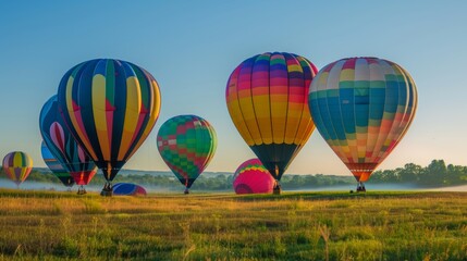 Naklejka premium Vibrant and colorful hot air balloons getting ready for a picturesque early morning takeoff