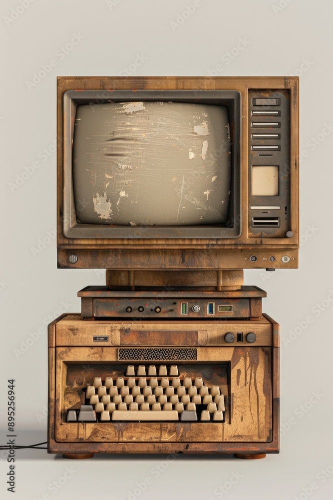 Poster A vintage computer with a physical keyboard on top, perfect for nostalgic scenes or retro-themed projects