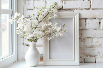 White flower bouquet in a vase on a light background. Blank frame for mockup. White mockup frame. Wedding decoration
