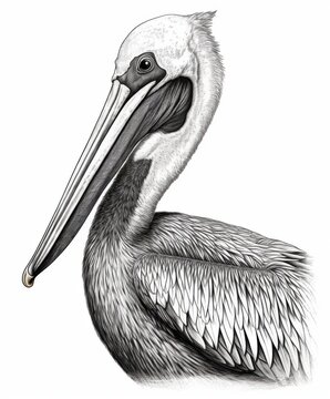 recommend clip art: Black and white Vintage engraved art of a portrait of a pelican isolated on white background, ink sketch illustration, simple vector art design, highly detailed line art, high contrasty