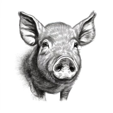 recommend clip art: Black and white Vintage engraved art of a pig portrait isolated on white background, ink sketch illustration, simple vector art design, highly detailed line art, high contrasty.