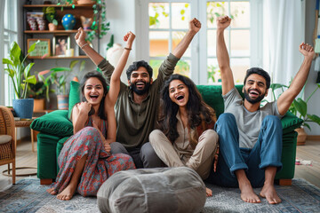Asian Indian young married couple friends spending leisure time watching TV at home together
