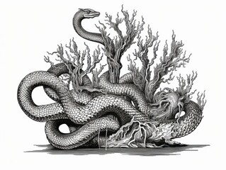 Obraz premium Black and white Vintage engraved art of a hydra isolated on white background, ink sketch illustration, simple vector art design, highly detailed line art, high contrasty 