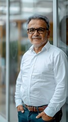 Happy Senior Businessman in Office with Glasses