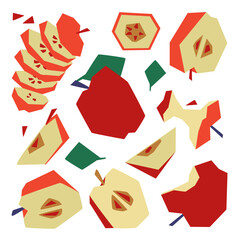 Juicy red apple. Sliced ​​fruit. Stylization. Crushed shape. Set of vector illustrations. Isolated objects on white background