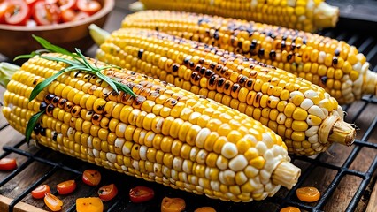 Close-up of grilled corn on the cob with charred kernels, golden yellow, and a sprig of green herbs.