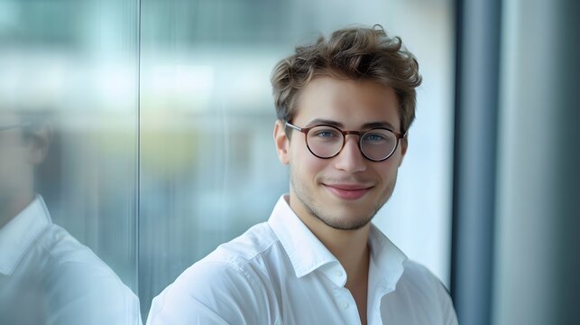 happy Young Latino Man in Office with Glasses
