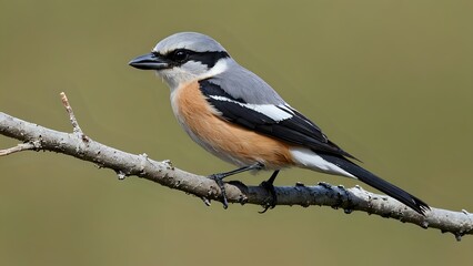 Obraz premium A grey and black shrike perches on a twig against a green background.