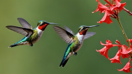 Fototapeta premium Two Hummingbirds in Flight Near Red Flowers.