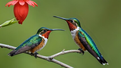 Fototapeta premium Two hummingbirds perched on a branch with a red flower in the background.