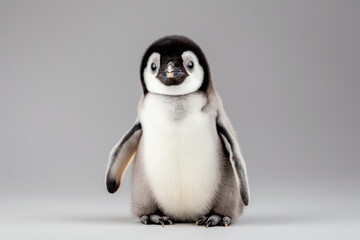 Full shot of baby chick emperor penguin aptenodytes forsteri in studio on gray background