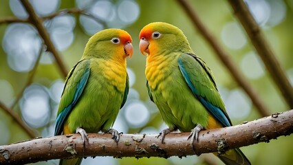 Obraz premium Two lovebirds perched on a branch, looking at each other.