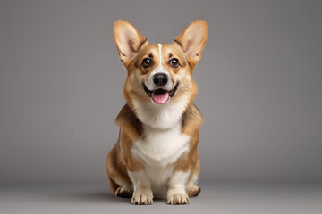 Full shot of a Welsh Corgi Pembroke dog looking at the camera on gray studio background
