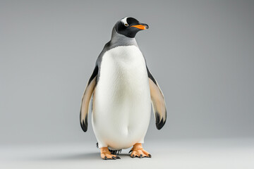 Fototapeta premium Full shot of adult subantarctic gentoo penguin Pygoscelis papua in studio on gray background