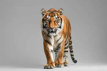 Obraz premium Full shot of wild adult tiger looking at the camera on a gray studio background