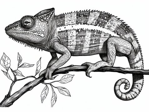 recommend clip art: Black and white Vintage engraved art of a chameleon isolated on white background, ink sketch illustration, simple vector art design, highly detailed line art, high contrasty 