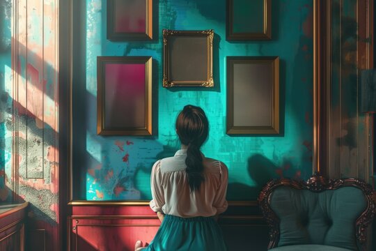 A woman stands in front of a wall with photos, providing an intimate setting for personal reflection or storytelling