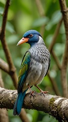 Obraz premium A vibrant blue and green bird perched on a branch, with a blurred green background.