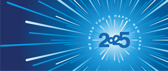 Fototapeta premium We wish you a Happy New Year 2025 high warp speed space blue type typography with abstract tunnel or speedometer shape on blue white background greeting card