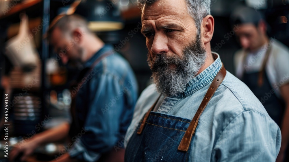 Poster a person in an apron and beard, potentially a craftsman or diy enthusiast