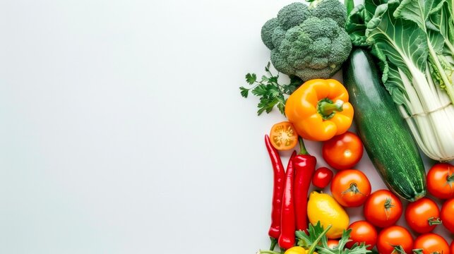 Fresh vegetables on white background. Vivid colors of healthy, organic produce. Perfect for healthy lifestyle and food blog themes. Use this image for promoting nutrition and wellness. AI