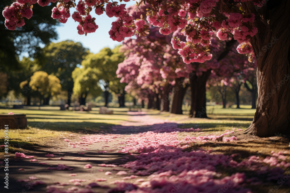 Poster cherry trees in a city park offer a stunning display of urban nature. concept of greenery in urban e